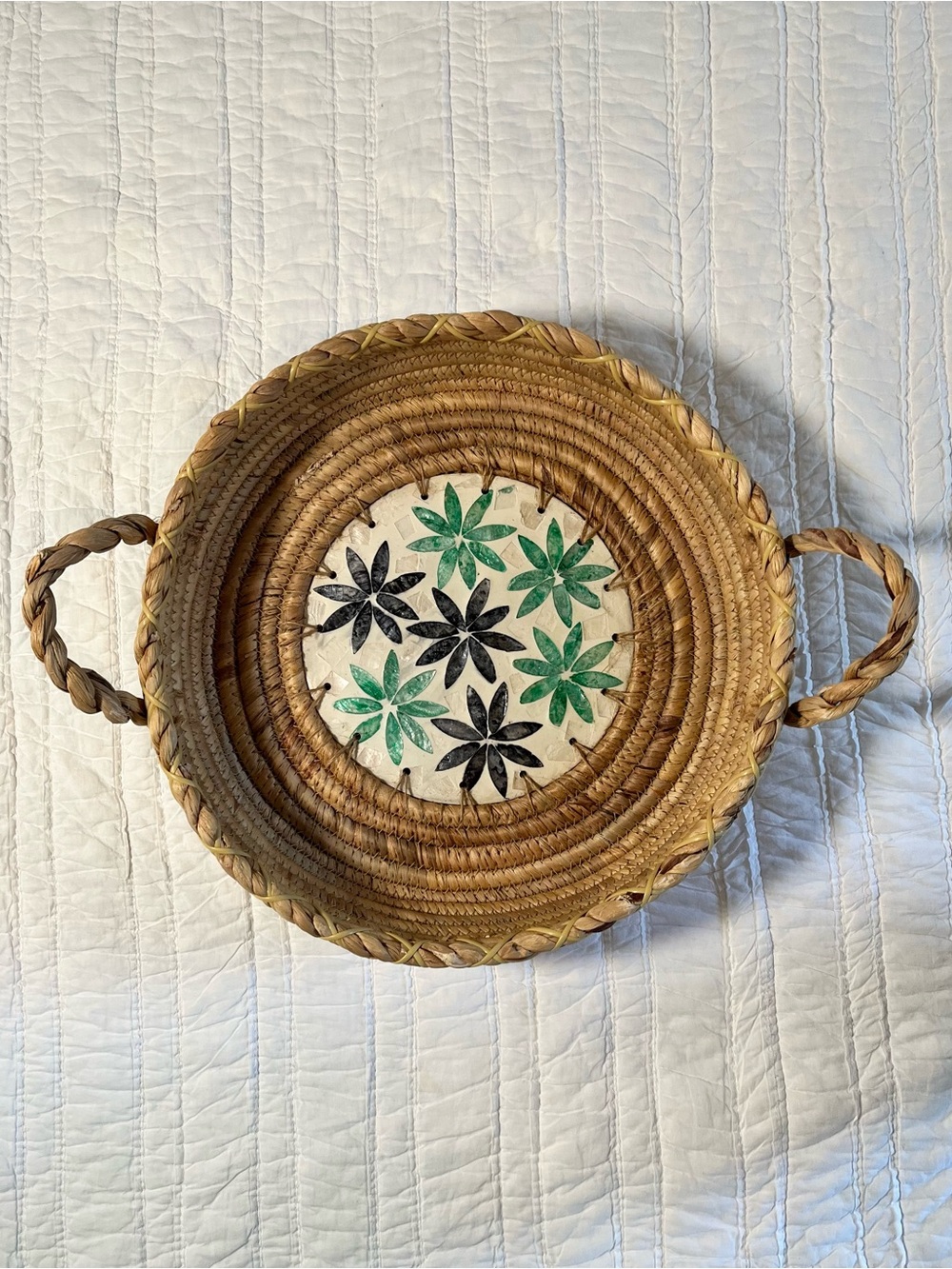Halinh Rattan & Bamboo Floral Inlay Round Serving Tray with Handles
